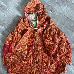 Red and Yellow Floral Hooded Jacket Kantha bell sleeve button up hoodie